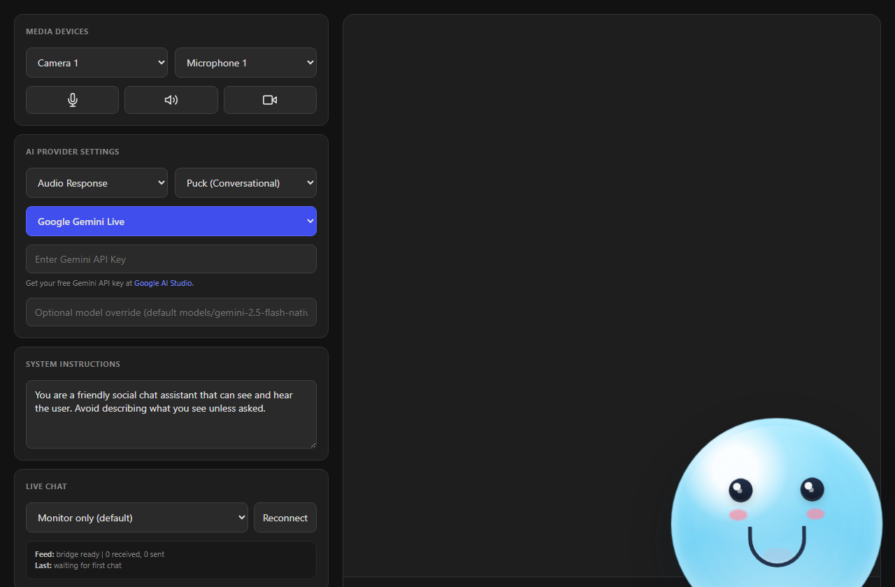 cohost.html control page showing media devices, AI provider settings, system instructions, and live chat status