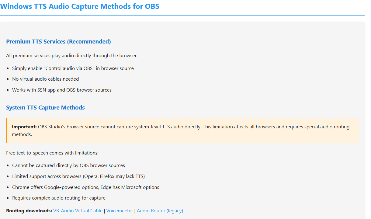 OBS audio capture note explaining system TTS limitations