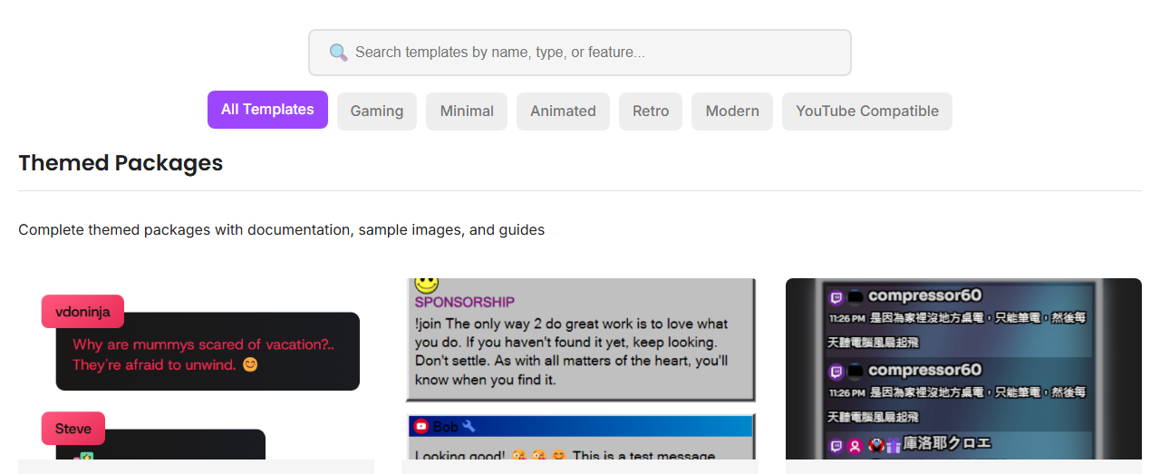 Templates gallery with search, category filters, and template previews