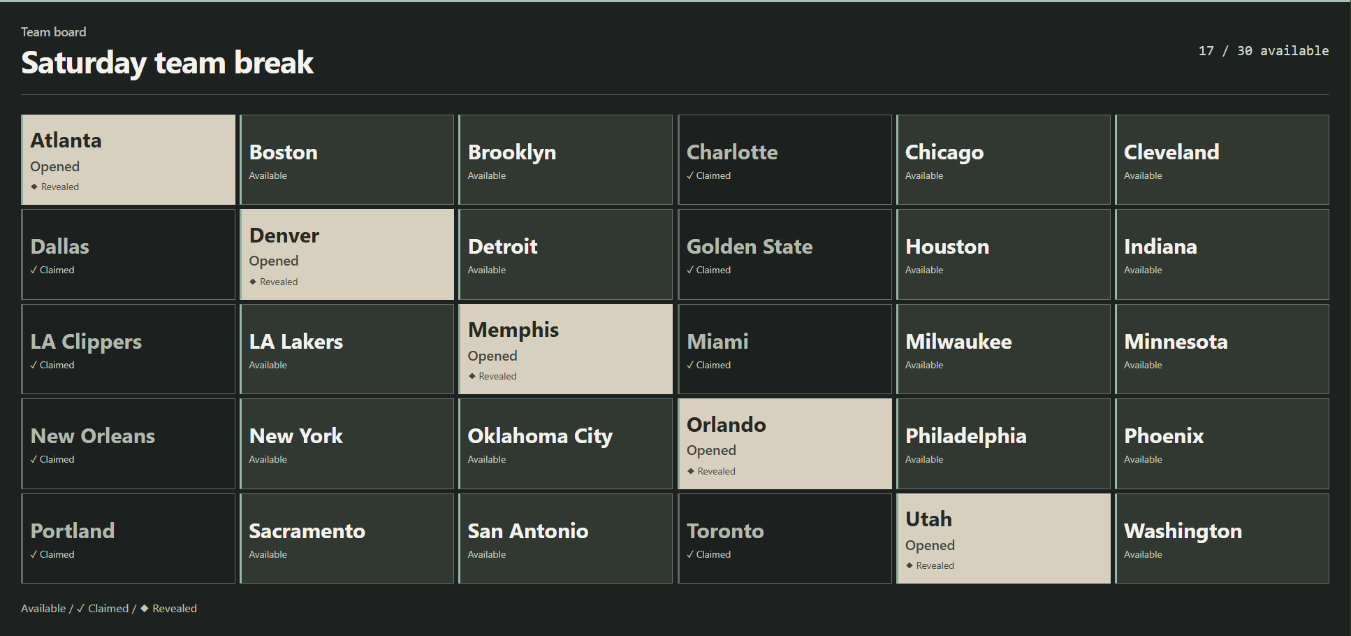 Thirty team tiles showing available and claimed spots